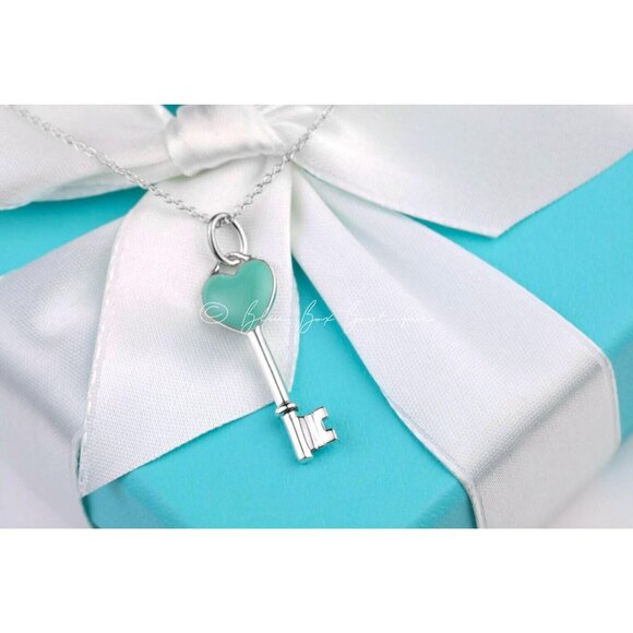 Tiffany & Co. Key Necklace Blue Enamel Heart Key Pendant in Sterling Silver with - Picture 3 of 6